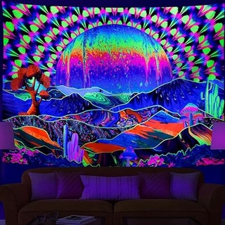 Ulticool – Regenbogen Sonne Berge - Glow in the Dark Wandteppich - Schwarzlicht under UV Reaktive - Blacklight Psychedelisch im Dunkeln Leuchtende Wandtuch - 200 x 150 cm