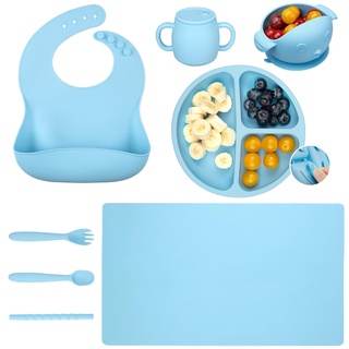 Auton Teller Geschirr Set, 7 Teilig Silikon Geschirr mit Saugnapf, BPA Frei, Teller Set mit Saugnapf, Lätzchen, Löffel, Gabel, Geschirr