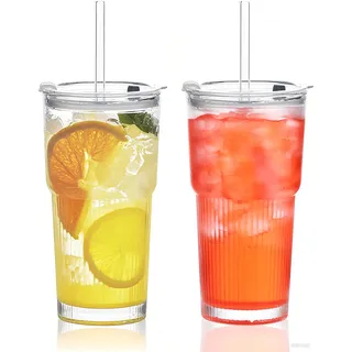 ALINK 600ml Glas mit Deckel und Strohhalm 2 Stück, Gerippte Glasbecher mit Deckel und Strohhalm für Eiskaffee, Saft, Smoothies & Kaltgetränke, Spülmaschinengeeignet & auslaufsicher