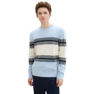 Strickpullover TOM TAILOR DENIM, Herren, Gr. S, blau (kentucky blau weiß colorblock), Strick, Obermaterial: 100% Baumwolle, gestreift, regular fit taillenbedeckt, Rundhals, Bündchen, Pullover Strickpullover, mit Blockstreifen