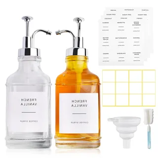 Kqpoinw Sirup Spender Essig und Ölflaschen Set, 2 x 500ml Kaffeesirup Glas, Kaffee Sirup Pumpspender Set mit Ausgießer für Küche Coffee Bar, Öl und Essigspender mit 48 Aufkleber und Trichter