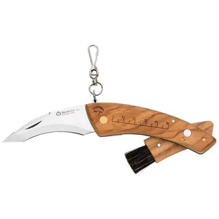 Maserin Pilzmesser rostfreier Stahl mit Bürste Zentimetermaß Karabiner Griffbeschalung Olivenholz Klingenlänge 85 mm Art. 74322