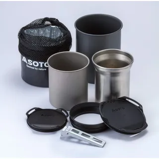 SOTO ThermoStack Combo Camping Kochset (310 g) – 8-teiliges Outdoor Kochgeschirr Set mit Titan- & Edelstahl-Isolierbecher, anodisiertem Aluminium-Topf 750 ml, Griffzange & Isolierhülle, Made in Japan