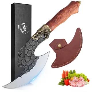 Golden Bird Original Ausbeinmesser Filetiermesser Wikinger Messer Axt Scharfes Handgeschmiedetes Kochmesser Fleischmesser Grillmesser mit PU-Scheide für Camping BBQ Outdoor usw.