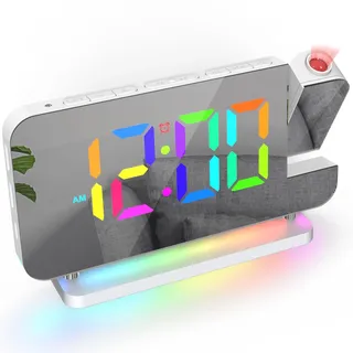 ThreeH Projektionswecker LED RGB Bunte Uhr mit Spiegeloberfläche Display Auto Dimming Voleme einstellbar Dual USB Ladeanschlüsse Nachtlicht Weiß
