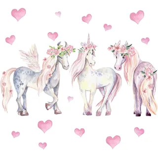 Pandawal Wandtattoo Kinderzimmer Mädchen Deko Einhorn Pferde Herz Wanddeko für Kinder und Babyzimmer Wandaufkleber (M)