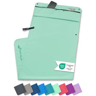 Fit-Flip Fitness Handtuch aus Mikrofaser - mit Magnet und Reißverschluss Tasche - Fitnesshandtuch für Sport und Gym - Kompakt & Schnelltrocknend - Sporthandtuch Fitnessstudio - Türkis - 130x48cm