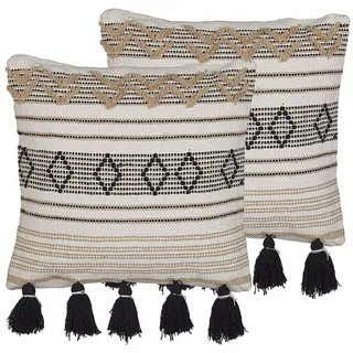 BELIANI Dekokissen 2er Set Beige/Schwarz 45x45 Baumwolle Quadratisch mit Fransen Reißverschluss Geometrisches Muster Handgewebt Zierkissen Boho - Beige, Schwarz