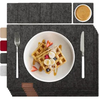 smøla 12-teiliges Premium Filz Tischset inkl. Untersetzer I Platzset Abwaschbar Dunkel-Grau I Platzset Abwischbar Platzdeckchen Set mit Filzuntersetzer für Teller Gläser I Tischdeko Frühling Anthrazit