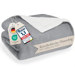 Blumtal Premium Sherpa Kuscheldecke flauschig 130x150 cm - Oeko-Tex zert. Sofa Decke mit Dicker Sherpa-Innenseite - super Flauschige Decke extra dick und wärmend - Cozy Fleecedecke - Grau