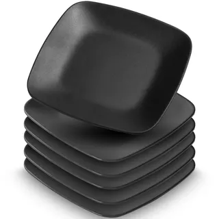 Umllpet Servierteller aus Steingut, 6 Stück Schwarze Dessertteller, Vorspeisen Teller Rechteckig Schwarz Matt, Spülmaschinengeeignetes Teller-Set, Eckig Dessertteller für Fleisch Sushi Snacks Salate