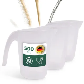Novaliv 3 Stück Messbecher 500ml, Meßbecher 0,5l Set transparent mit klarer g/ml Skala für Flüssigkeiten Mehl & Zucker, Made in Germany, Spülmaschinenfest, Rührschüssel Dosier Messbehälter