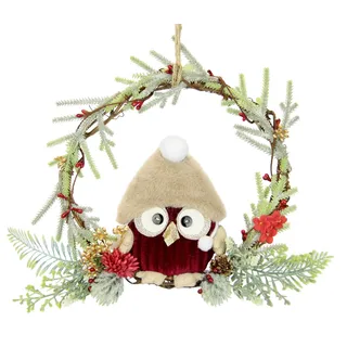 I.GE.A. Kunstkranz »Tannen-Kranz Eule/Beeren/Tanne« Dekorierter Weihnachtskranz Deko Weihnachtsdeko Türkranz Adventskranz, rot