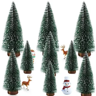 Mini Tannenbaum Deko – 9er Set Kleine Deko Tannenbäume in 3 Größen (10/15/20cm) mit Schneeeffekt & Holzsockel, ideal als Weihnachtsdeko Tannenbaum für Tisch & Fensterbank