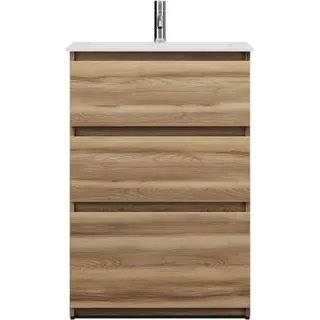 burgbad Lin20 Mineralguss-Waschtisch Weiß Glänzend inklusive Waschtischunterschrank, 3 Auszüge, 620x365x902mm, SGHQ062F5357C0001, Farbe: Frassino Dekor Cappuccino