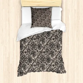 ABAKUHAUS gotisch Mantele, Blumen Schmetterlinge Spitze, Milbensicher Allergiker geeignet mit Kissenbezügen, 135 cm x 200 cm - 80 x 80 cm, Tan Schwarz - Schwarz