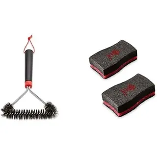 Weber Three-Sided Grill Brush Dreiseitige Grillbürste, 30 cm, Schwarz/Silber, 6277 & 17688 Reinigungsschwamm, 2 Stück, 25.0 x 6.0 x 9.0 cm