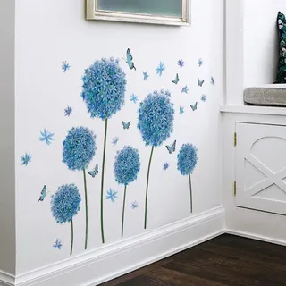 WandSticker4U®- Wandtattoo PUSTEBLUME blau I Wandbilder: 105x69 cm I Wandsticker Blumen Löwenzahn Schmetterlinge I Wand Aufkleber Wohnzimmer Schlafzimmer Kinder-zimmer Küche Deko