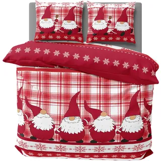 one-home Winter Biber Bettwäsche Baumwolle Kuschelig Flauschig Warme Weiche Flanell Bettbezüge Modern, Größe:3 teilig 200x220 cm, Farbe:Wichtel Weihnachten rot