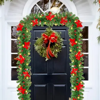 Weihnachtsgirlande mit Beleuchtung - 2 Stück 2.7M/9Ft Weihnachtsgirlande Vorbeleuchtet, Girlande Weihnachten für Treppen/Kamin/Haustür, Dicke Künstliche Tannengirlande, Weihnachtsdeko Innen & Außen