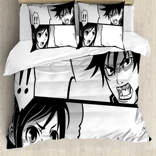 ABAKUHAUS Anime Bettbezug, Japanese Cartoon Comic, Milbensicher Allergiker geeignet mit Kissenbezügen, 200 cm x 200 cm - 80 x 80 cm, Schwarz Weiß Grau - Schwarz