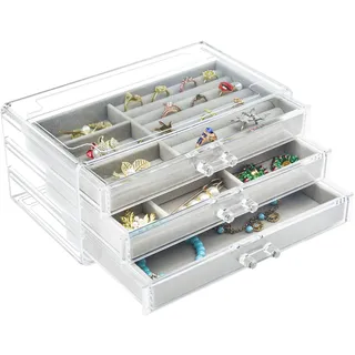 Weiai Acryl-Schmuckschatulle, 3 Schubladen, Samt-Schmuck-Organizer, für Ohrringe, Ringe, Halsketten, Armbänder, Vitrine, Geschenk für Frauen, Mädchen