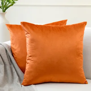 Encasa XO Kissenbezüge aus Samt - 2er-Set (50x50 cm) - Orange- Uni gefärbt, weich & glatt, waschbar, quadratisch, großer Wurfkissenbezug für Couch, Sofa, Stuhl, Bett und Wohnbereich