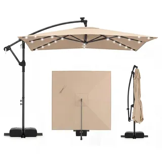 FANTASK Sonnenschirm mit LED-Beleuchtung, 360° drehbar, 250 cm Ampelschirm Rechteckig mit Ständer, Marktschirm mit Kurbel, Terrassenschirm für Garten, Terrasse, Pool (Braun)