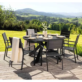 di volio Gartenmöbel OSIMO, Gartenmöbel Set - runder Esstisch & 6 Stühle, aus Kunstholz und Aluminium, stapelbare Stühle, robust & wetterfest - Schwarz, Grau