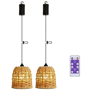 EcoGehen 2x Boho Hängelampe mit Batterie Outdoor Akku Pendelleuchte ohne stromanschluss Batteriebetriebene Lampe Rattan Lampenschirm Deckenleuchte ohne Strom für Garten Weihnachten Party Geschenk