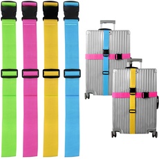 4X Stück Kofferband Set farbig - Koffergurt besonders auffällig - Gurtband inkl. Namensschild für Koffer & Gepäck - Luggage Strape