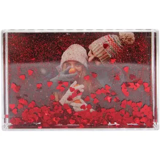 Adventa Glitzer-Bilderrahmen, Acryl-Bilderrahmen für 10 x 15 cm, klarer, rahmenloser Desktop-Fotoblock mit Glitzerherzen (rot), ideales personalisiertes Geschenk, Vatertagsgeschenk