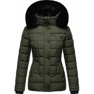 Marikoo Damen Winter Stepp Jacke Parka Winterjacke mit Kapuze und Kunstpelz QESRAA Dark Olive Gr. 34 - XS - Olive