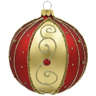 VITBIS - Weihnachtskugel aus Glas, Christbaumkugeln 10 cm, Mundgeblasen, Handdekoriert und Handgefertigt Weihnachtsbaum Deko - Matte Rote Farbe mit Reicher Goldverzierung