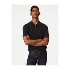 Mens M&S Collection Cotton Rich Textured Knitted Polo Shirt - Black, Black - L