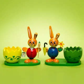 SIKORA OD08 Osterdeko Eierbecher aus Holz im 2er Set | handbemalte & dekorative Osterhasen Deko Figuren | Hochwertige Tischdeko für das Osterfrühstück, Farbe | Modell:A2 2er Set rot | blau