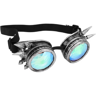 VBESTLIFE Kaleidoskop-Rave-Brille,Halloween-Kaleidoskop-Rave-Brille, Regenbogen-Kristalllinsen, Verstellbare Trippige Psychedelische Steampunk-Brille (Antikes Silber)