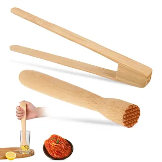 Fermentier Stampfer, Krautstampfer mit Holzzange Set Cocktail Stößel Holz 21cm Holzstampfer Sauerkrautstampfer Fermentier Zubehör zum idealen Fermentieren von Sauerkraut