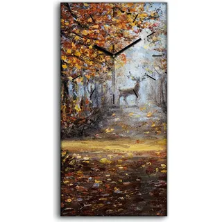 Küchenuhr Bürouhr Leinwand Uhr 30x60 Malerei Wald park Bäume Herbst Hirsche - schwarze Hände - Braun