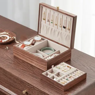 Homruilink Holz-Schmuckkästchen, Geschenk für Frauen, 2-Ebenen-Schmuckschatulle mit Schloss & Griff, Aufbewahrung für Uhren, Ringe, Ohrringe, Halsketten, Armbänder