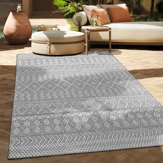Outdoor Teppich Flachgewebe modern Boho Ethno wetterfest Außenbereich Grösse 80 cm Rund - Grau