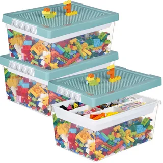 Greentainer Aufbewahrungsbox Spielzeug mit Deckel & AbnehmbaresTablett,3er Spielzeug Box aus PP,Aufbewahrungskorb Kinder,Spielzeugkiste für Kinderzimmer Aufbewahrungsbehälter für Blöcke(Blau)