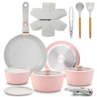 NutriChef Topfset 18 Teilig Keramik Rosa mit Abnehmbaren Griffen Induktion Topf und Pfannenset Antihaft Platzsparend Stapelbar Ofenfest Alle Herdarten
