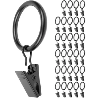 Gardinenclips mit Ringen, 30 Stück, in der Farbe Schwarz, Ø 32 mm außen, Ø 25 mm innen, Vorhangclip mit Haken, Mehrzweckklemme für Vorhänge mit Ring, Mehrzweckhaken für Haus