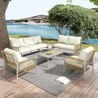 Ball & Cast Gartenmöbel Set aus Rattan, 5-teilig mit Abnehmbaren und Waschbaren Sitzpolstern, Wetterfest und UV-beständig Für Terrasse/Garten, Beige