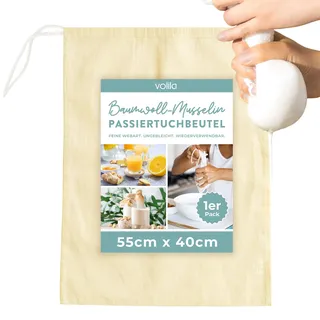 volila Käsetuch – 1 Packung (55 x 40cm) Ungebleichter Passiertuchmit Kordelzug – Waschbarer Mulltücher Nussmilchbeutel zum Abseihen von Saft, Milch, Wein, Joghurt und Selbstbrauen