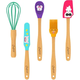 Chefclub Kids - 5 Mini Küchenhelfer - Bambus Silikon - Kinder ab 4 Jahren | 5 Küchenhelfer - Schneebesen Pfannenwender Teigschaber Pinsel Löffel - Bambusgriffe - BPA-freies Silikon - Kinderküche ab 4