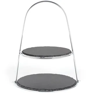 Echtwerk Etagere-/ Servier-Ablage für Gebäck, Obst, Käse und Dessert mit 2 Ebenen Naturschiefer und Bügelgriff, Schieferplatten ca. 25/30 cm, Silber-Edition