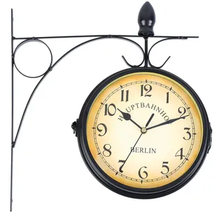 H-YEEU Doppelseitige Bahnhofsuhr Retro Zweiseitige Wanduhr Schwarz Eisen Retro Wanduhr Zahlen Wanduhr 31 cm * 29 cm Dekorative Wanduhr mit Halterung