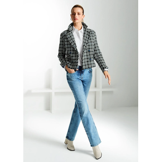 Jackenblazer MADELEINE "Tweed-Blazer Modischer Zweireiher mit Fransen", Damen, Gr. 44, blau (rauchblau, wollweiß, bleu), Obermaterial: 57% Polyester PES. 38% Polyacryl PAN. 5% sonstige Fasern AF., Modern, gerade, Blazer Jackenblazer, Tweed Blazer, Fransenkanten